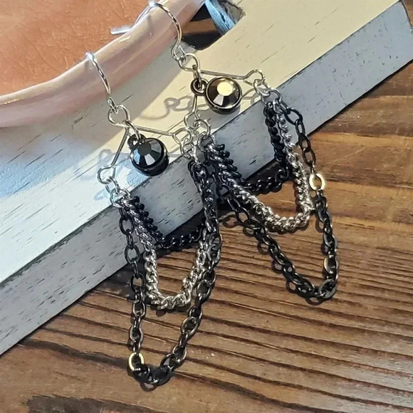 Silver Gunmetal Grey Handcrafted Triple Chain Crystal Dangle Earrings - Picture 1 of 8
